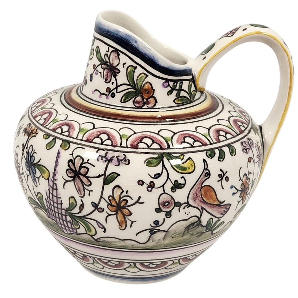 Ceramica Coimbra Portugal Sec XVII Deer Bird Rabbit 6" Mini Pitcher Signed EUC